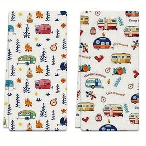 Camping Trailer Kitchen Towels 2-pc Polyester 18 x 26-inch Retro Campsite NEW